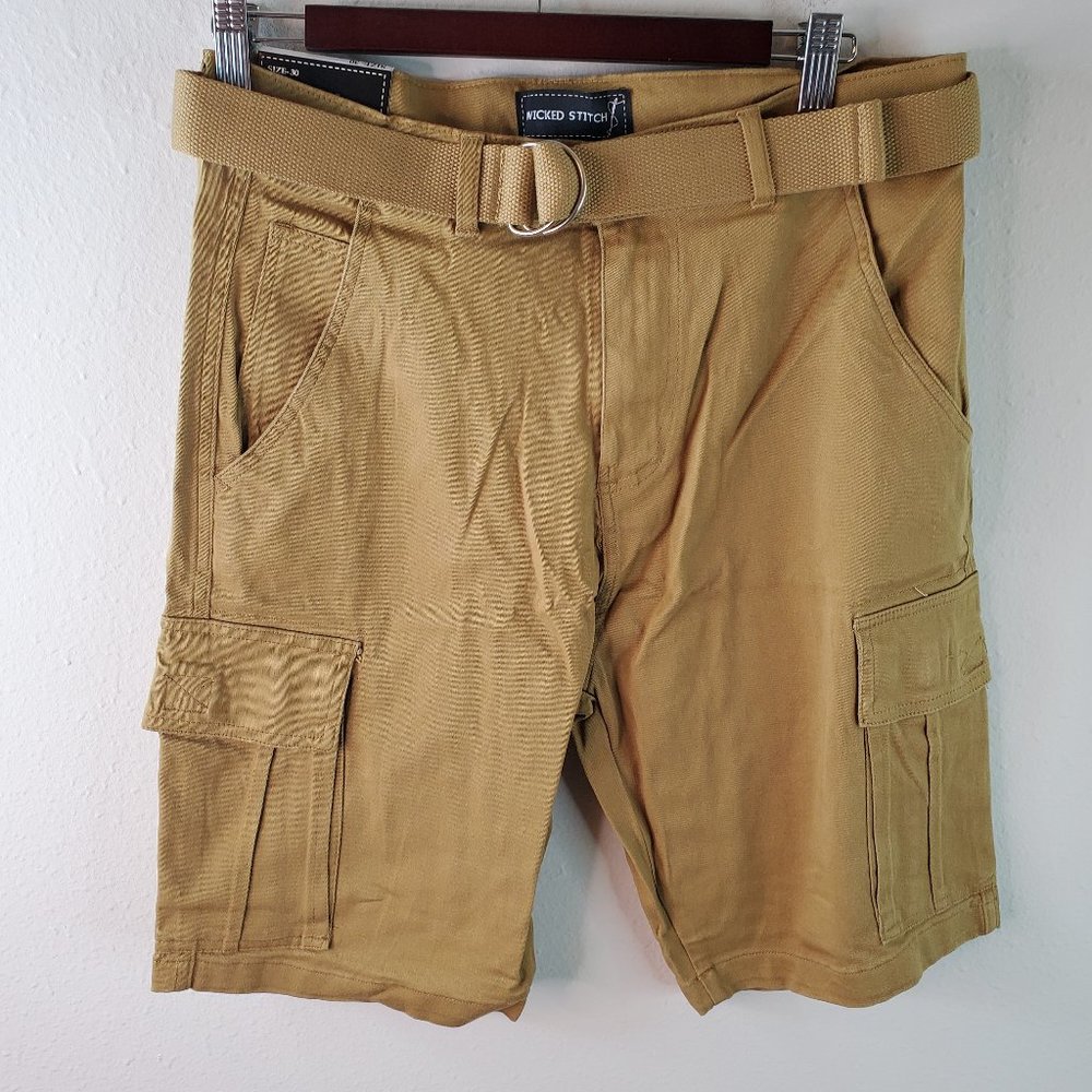 Wicked Stitch Mens Timber Khaki Flex Fabric Belted Shorts